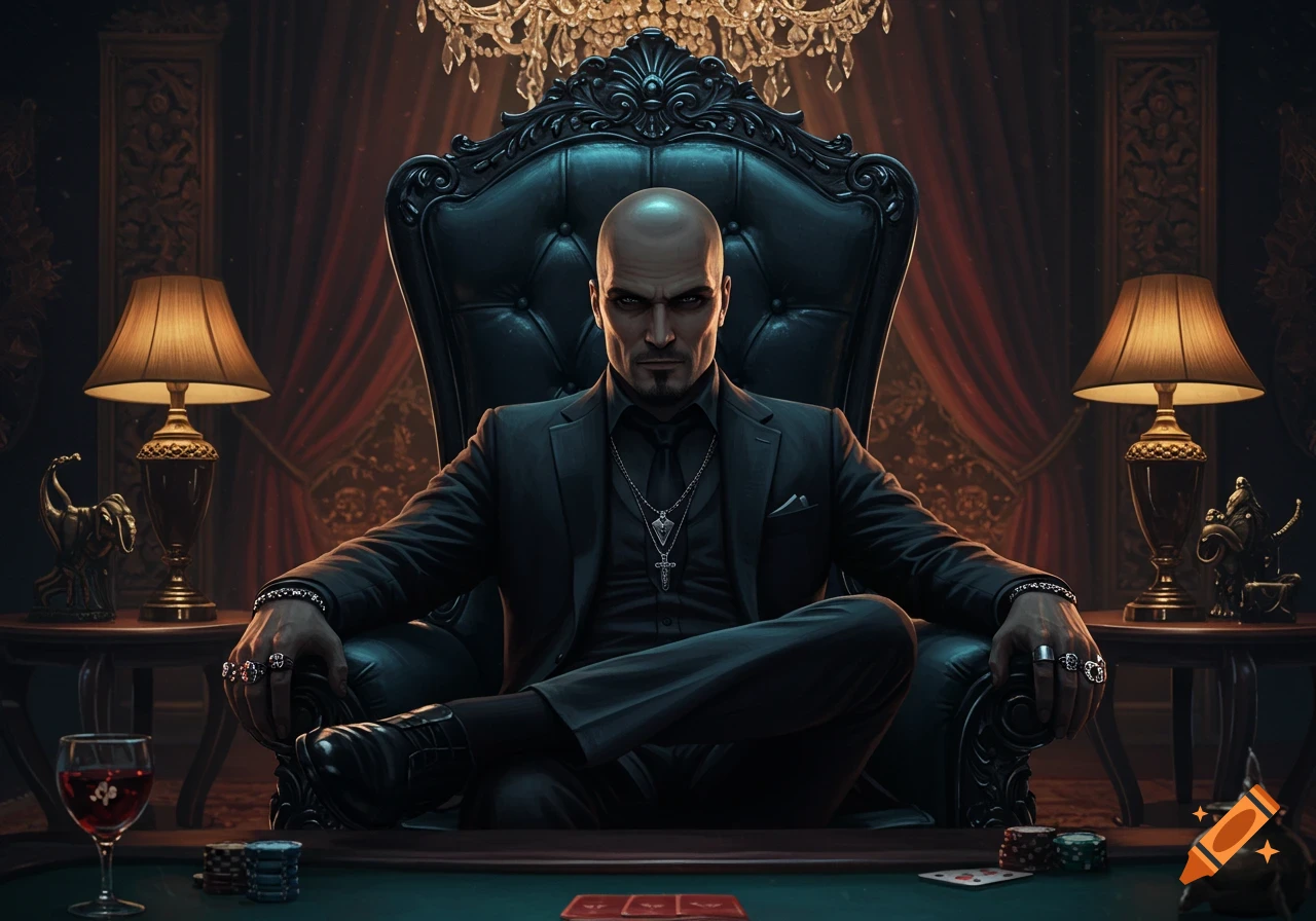 A bald man with a chin strap beard in a black suit sits on a dark, ornate throne, surrounded by luxury, with gambling chips and cards on a table.
