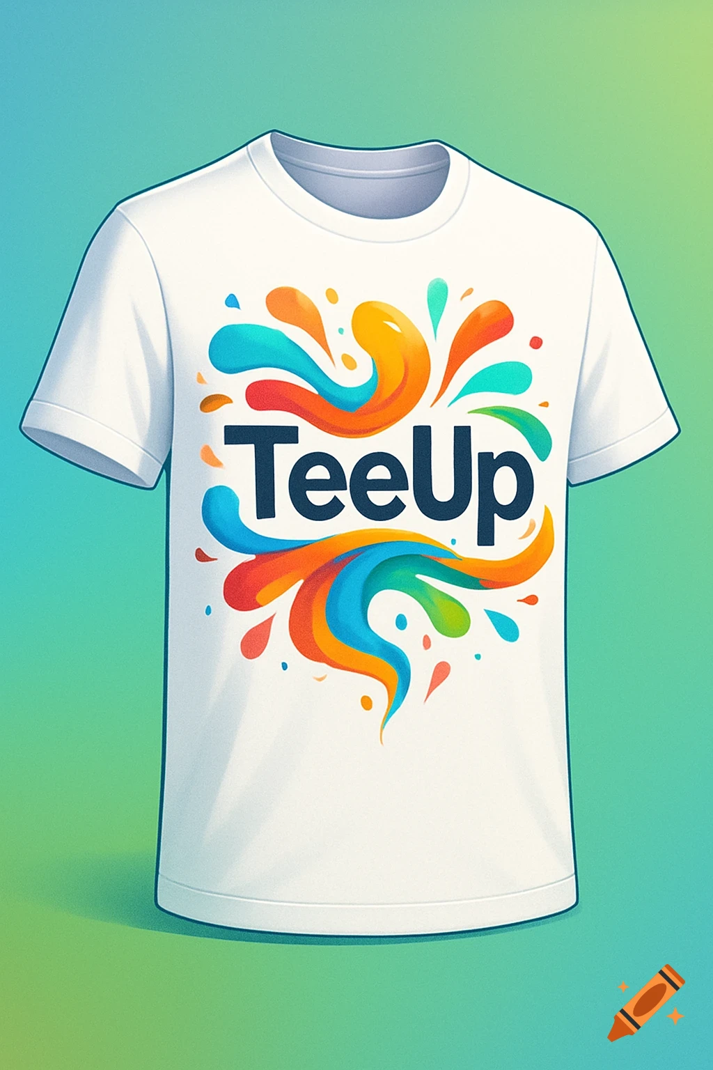 A white t-shirt featuring a colorful logo with the word 'TeeUp' surrounded by vibrant, abstract paint splatters.