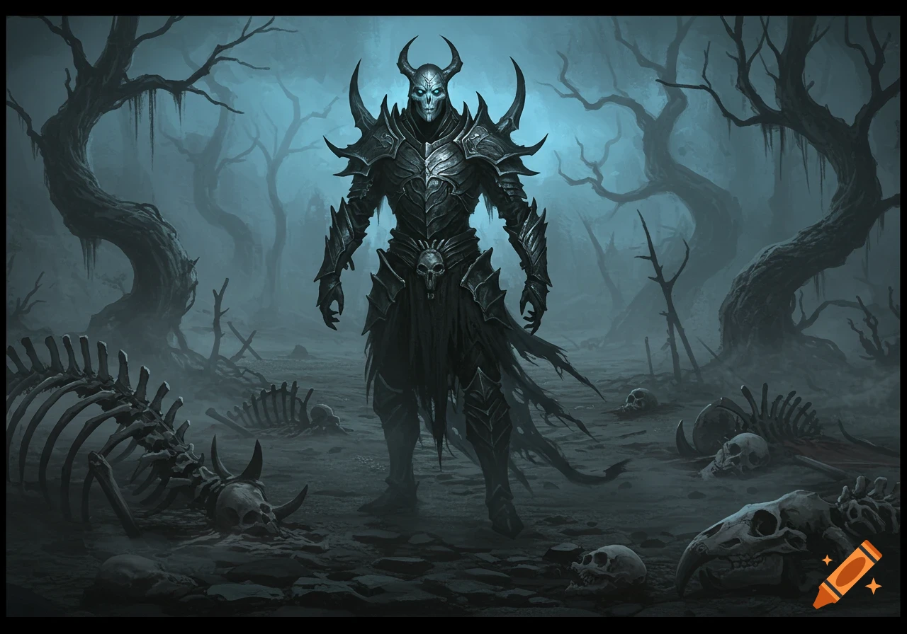 A dark armored skeletal figure stands in a misty, desolate wasteland among bones and dead trees, in a dark fantasy art style.