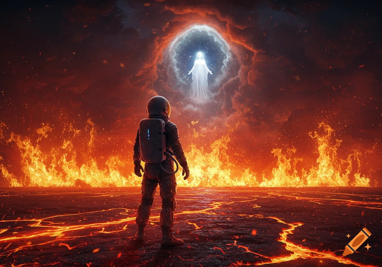 An astronaut stands on a fiery, lava-filled landscape, looking up at a glowing angelic figure in a cloudy portal above.