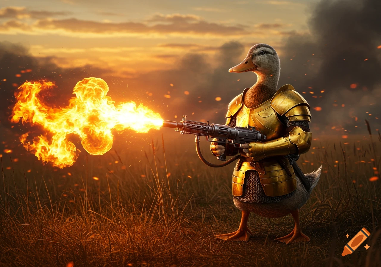 A duck in golden armor fires a flamethrower, with flames bursting from the nozzle, in a grassy field at sunset.