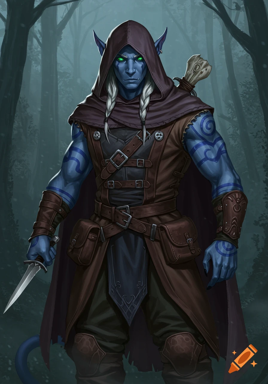 A blue-skinned fantasy rogue with glowing green eyes and white braids wears a hooded cloak and holds a dagger in a dark forest.