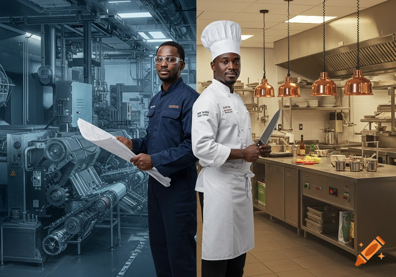 A split image of a Black man as an engineer holding blueprints in an industrial setting and as a chef holding a knife in a commercial kitchen.