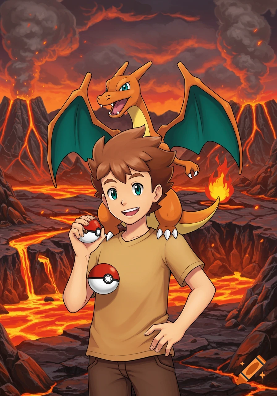 Anime-style portrait of a smiling boy holding a Pok esphere, with Charizard on his shoulder, against a fiery volcanic landscape.