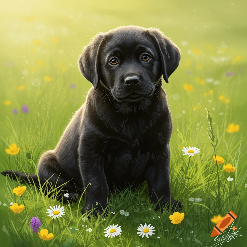 A black lab puppy sits in a vibrant green field filled with yellow and white flowers.