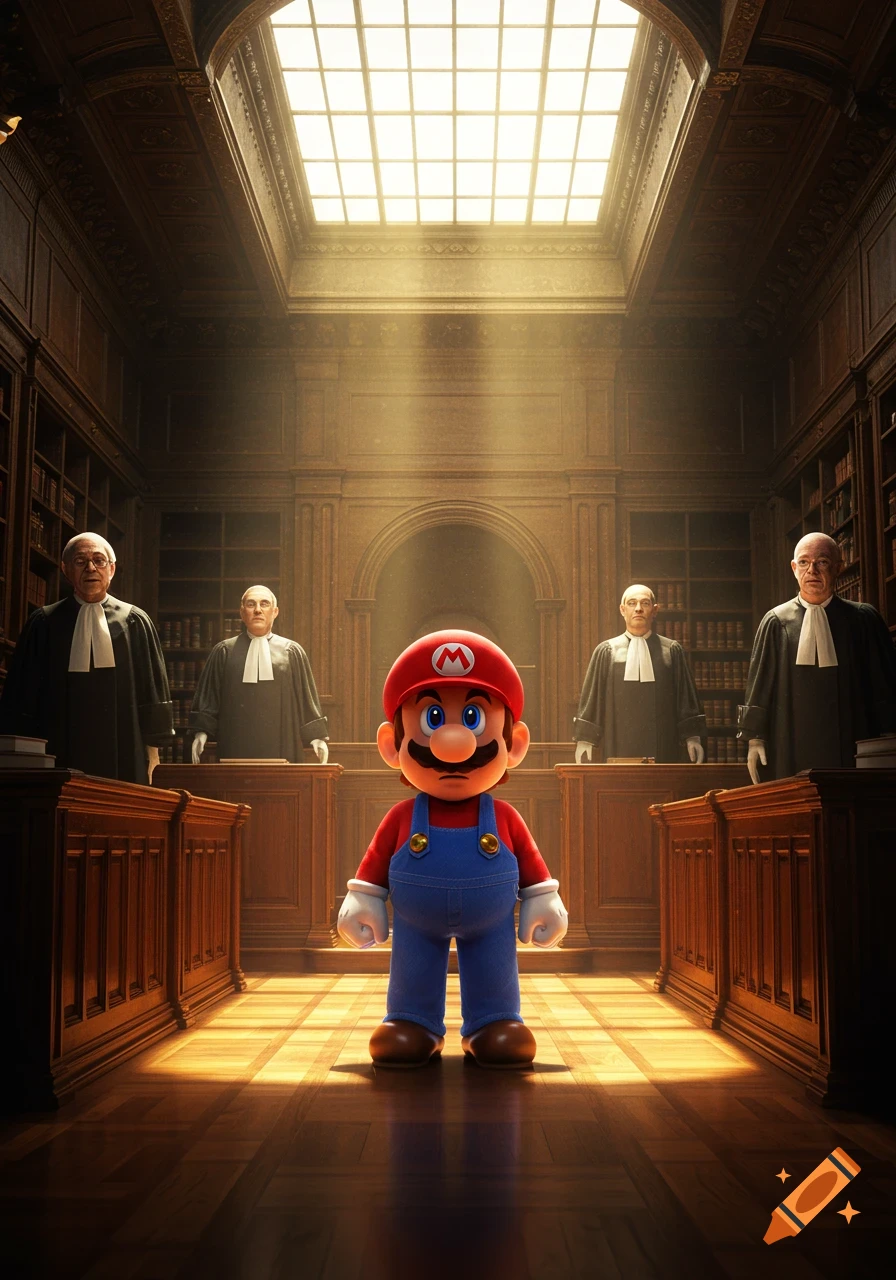 Mario stands in a grand, sunlit courtroom, facing four judges dressed in robes.