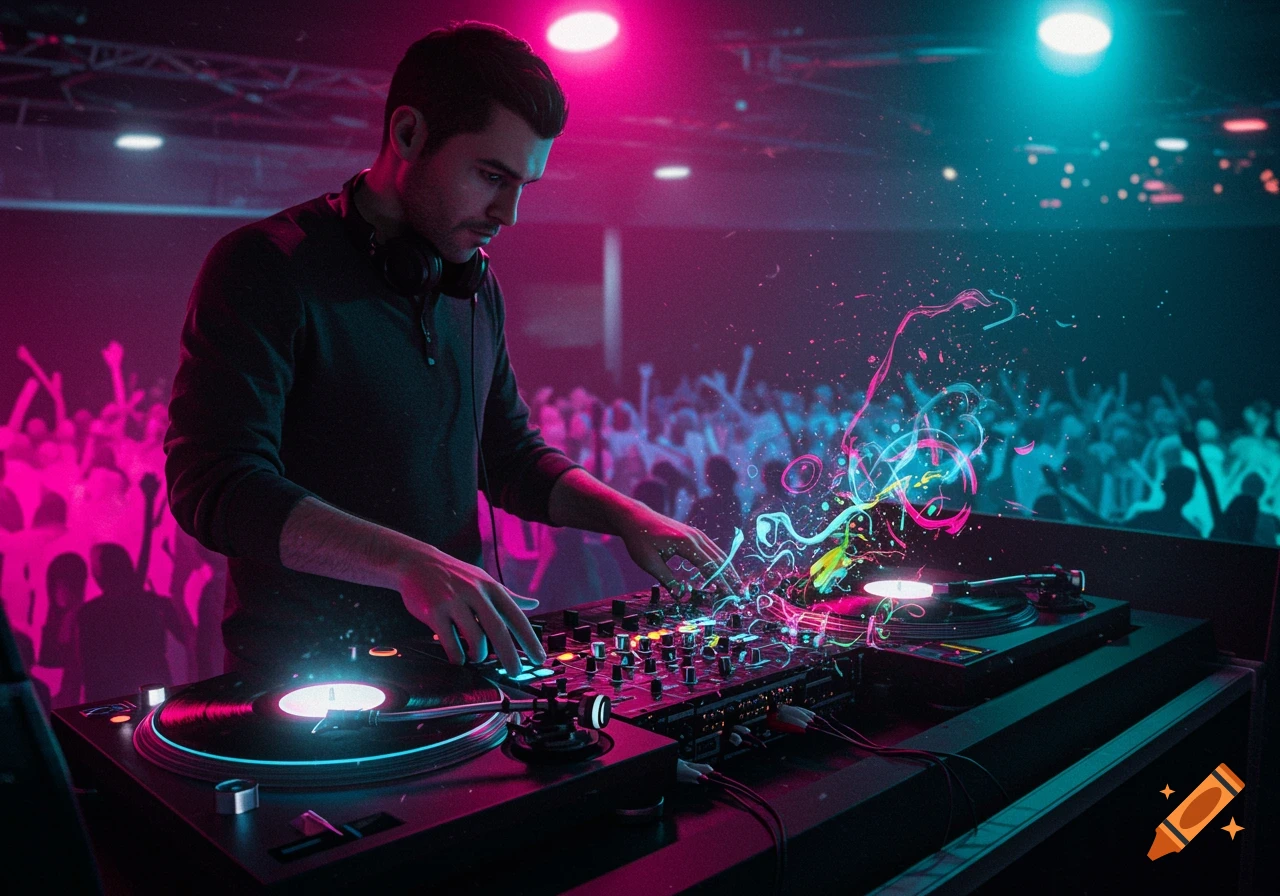 A male DJ in a dark club, illuminated by vibrant pink and blue lights, with abstract glowing patterns emanating from the turntables.