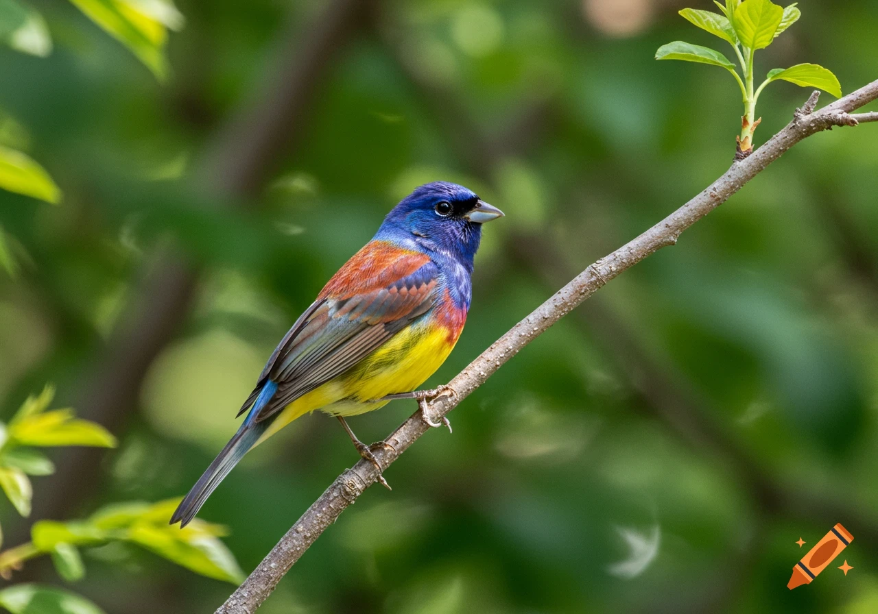 A vibrant blue, orange, and yellow varied bunting perched on a tree branch with green foliage in the background.
