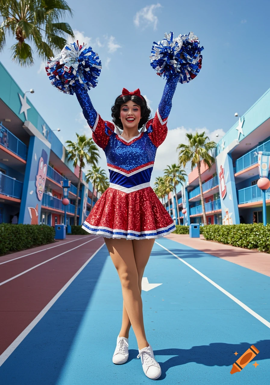A performer dressed as Snow White in a sequined red, white, and blue cheerleader outfit, holding pom-poms, stands on a blue track at Disney's All-Star Sports Resort.