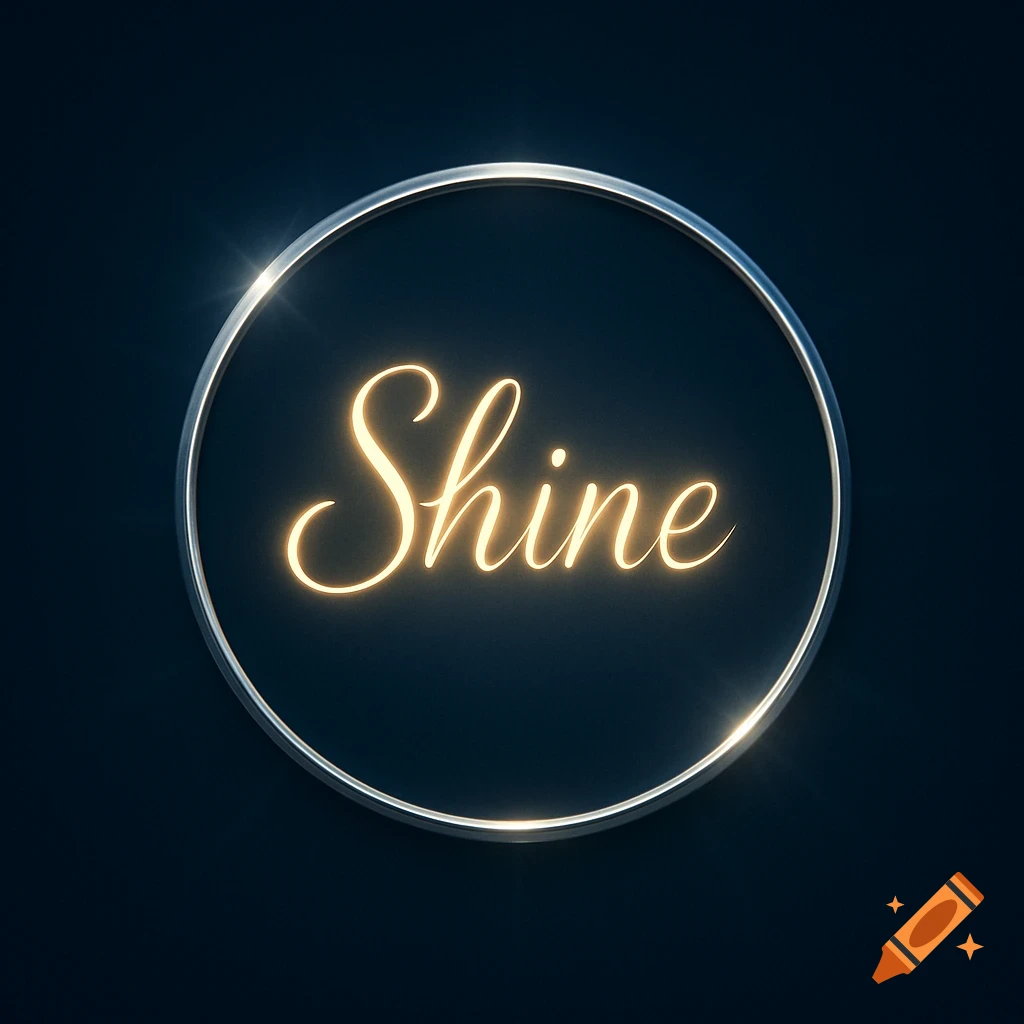 Glowing gold word 'Shine' inside a silver metallic circle on a dark background.