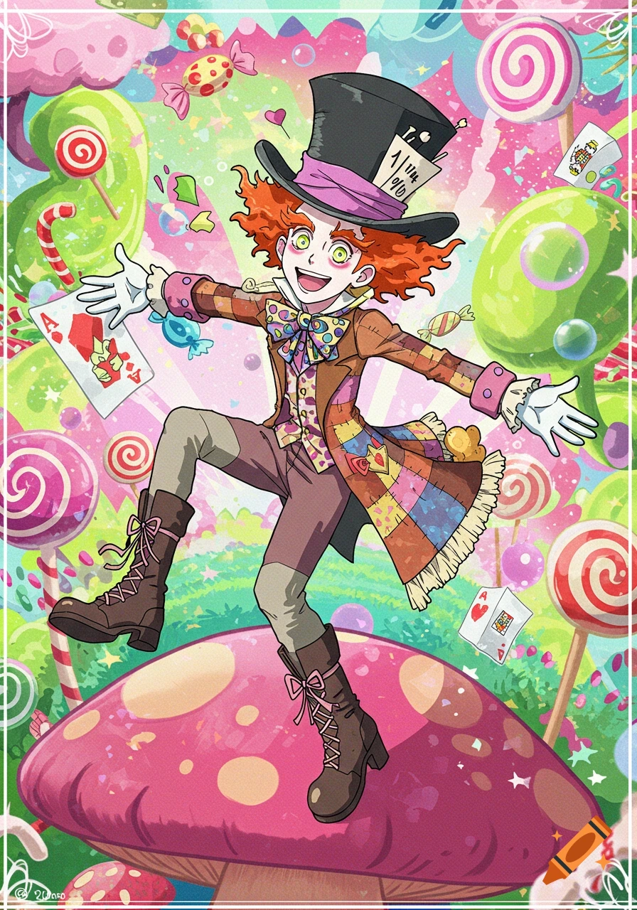 Anime-style Mad Hatter character with orange hair and a tall hat, jumping happily on a giant mushroom in a vibrant, candy-filled landscape.