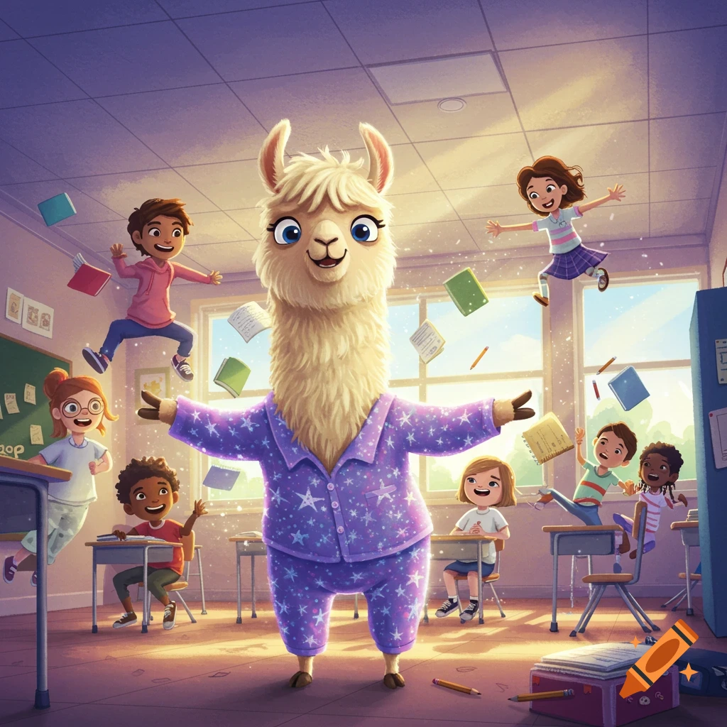 A cartoon llama in purple pajamas with stars stands in a classroom while excited children and books float around them as if the room is a bouncy castle.