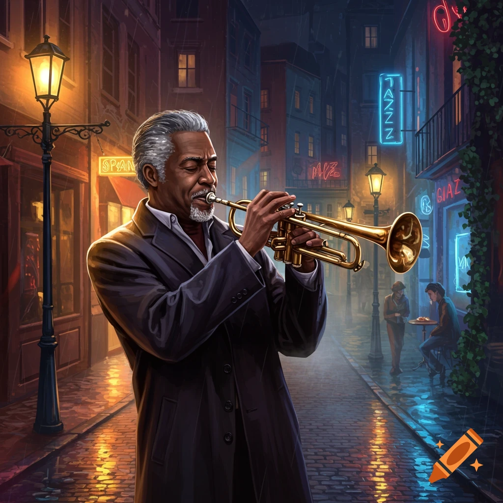 A man with gray hair and a beard plays a trumpet on a wet cobblestone street at night, illuminated by streetlights and neon signs.
