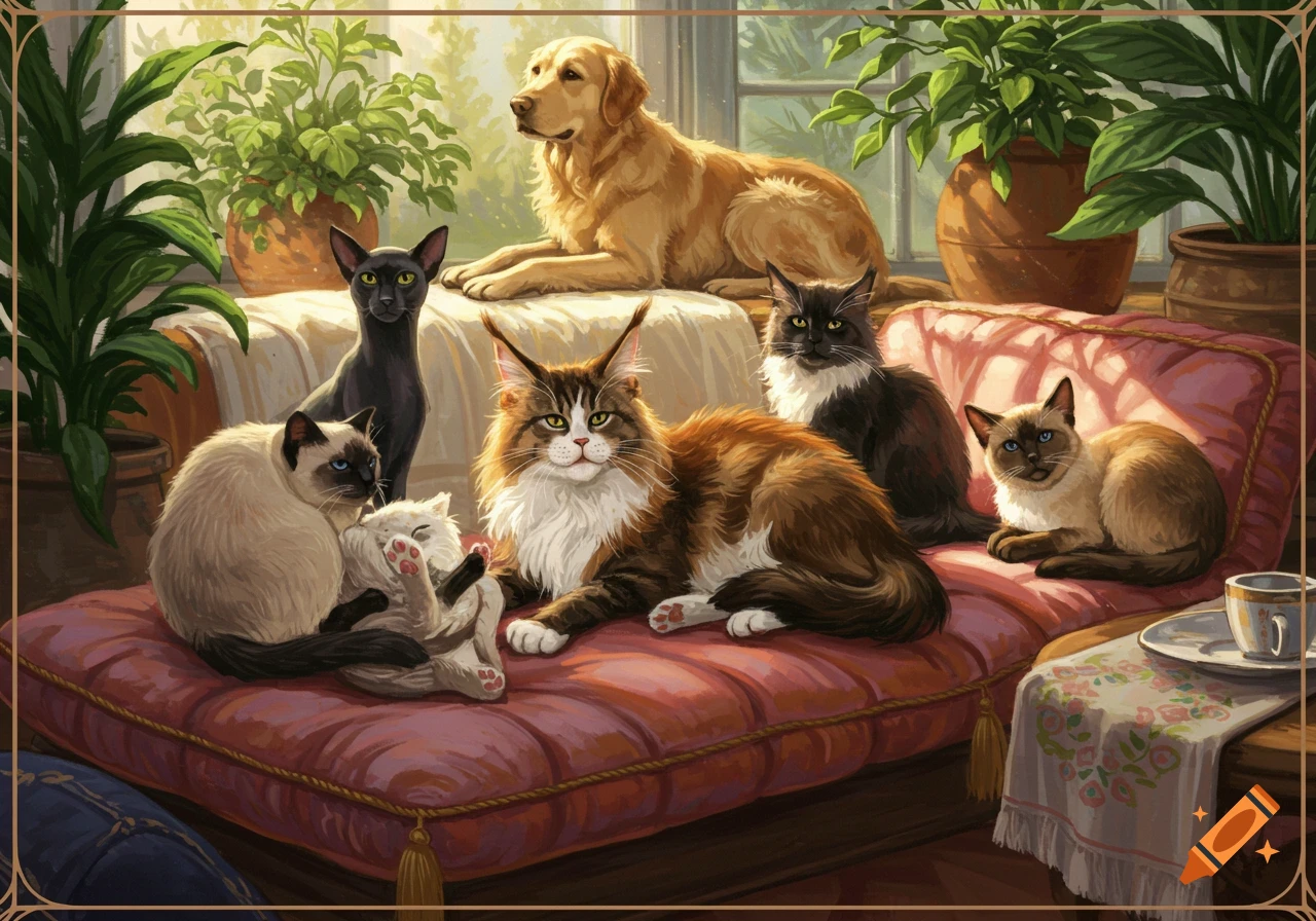 A golden retriever and several cats, including a Maine Coon and Siamese, relax on a red couch in a sunlit room with potted plants, in a detailed painterly style.