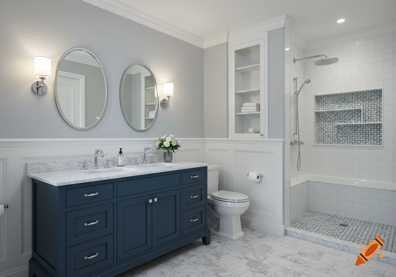 A modern bathroom with a dark blue double vanity, oval mirrors, white marble, light gray walls, and a shower.