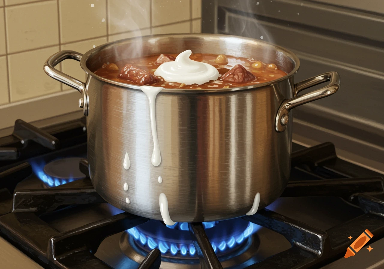 A steaming metal pot of stew with meat pieces and a dollop of white cream sits on a gas stove, with white liquid dripping down its side.