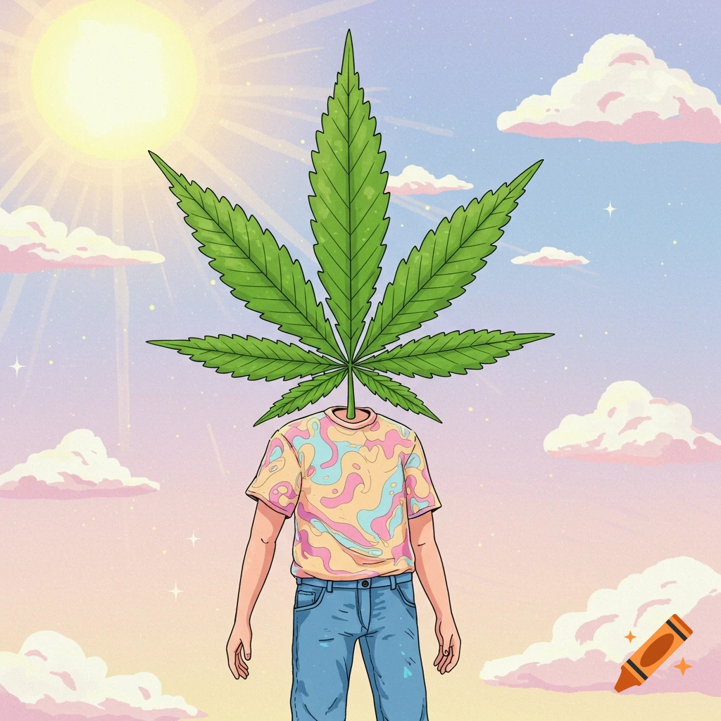 Cartoon person with a cannabis leaf head wearing a colorful shirt and jeans under a sunny, cloudy sky.