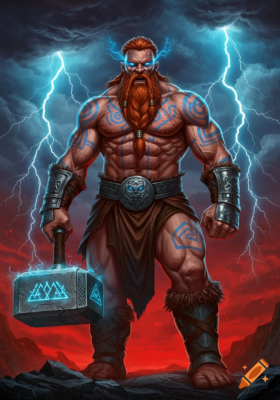 A muscular Viking god with a braided red beard, blue tattoos, and glowing blue eyes holds a glowing hammer, surrounded by lightning.