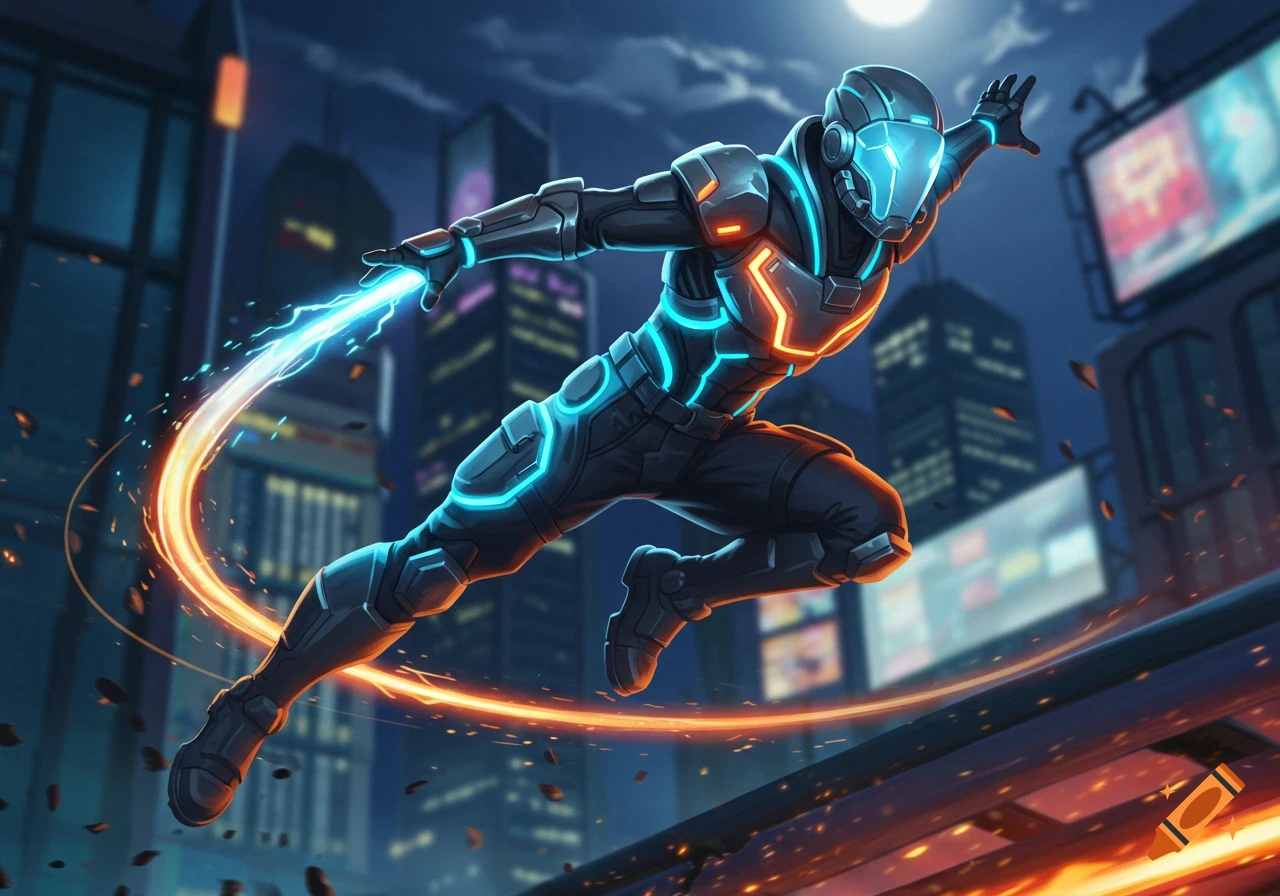 A futuristic superhero in a black and neon blue/orange suit leaps through a vibrant nighttime city, leaving light trails.
