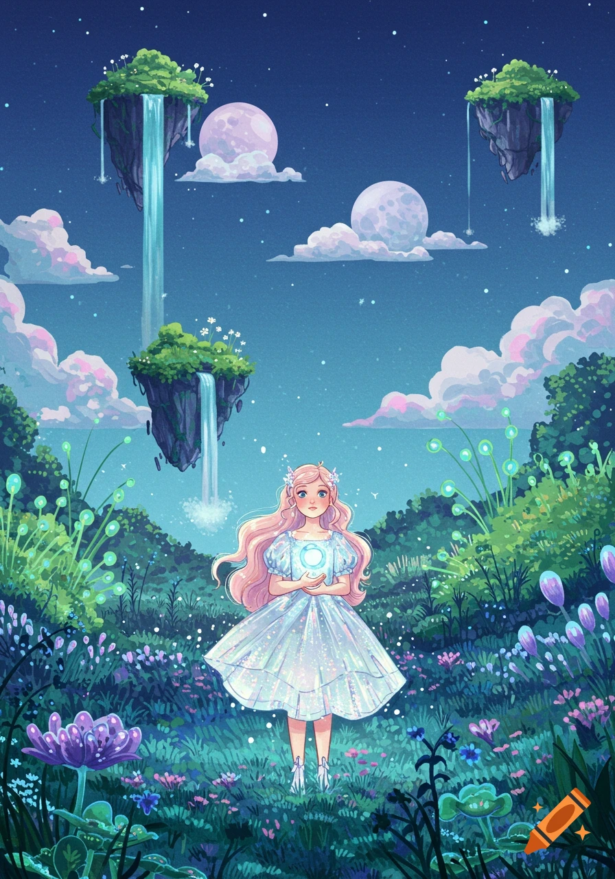 A stylized girl with pink hair holds a glowing orb in a magical landscape with floating islands and waterfalls under a starry sky.
