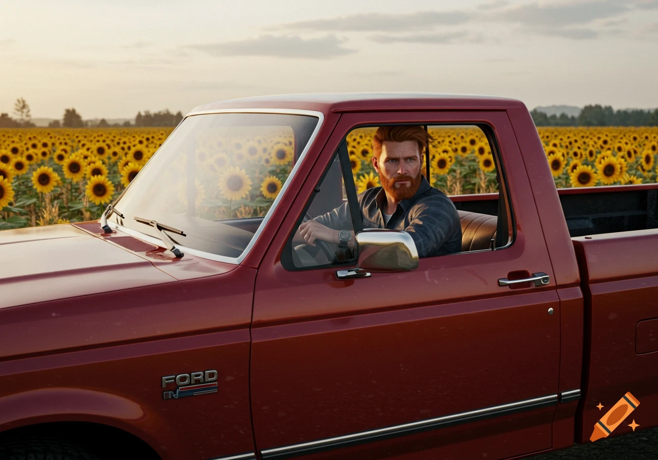 Red-haired man with a beard driving a red Ford pickup truck through a sunflower field at sunset, photorealistic.
