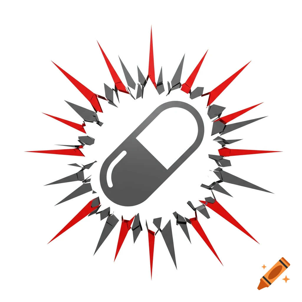 A stylized dark gray pill icon at the center of a radiating red and gray cracked explosion on a white background.
