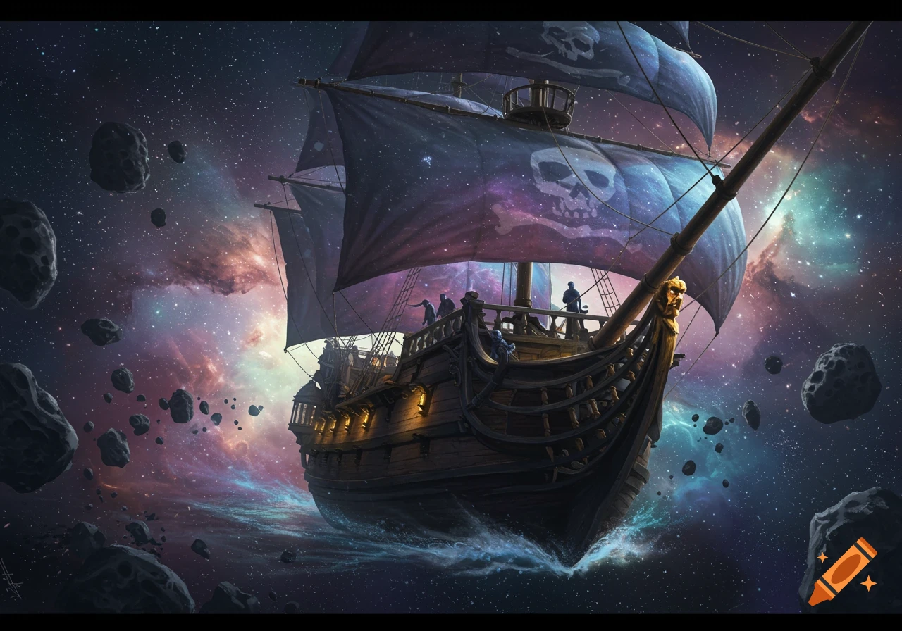A majestic pirate ship with skull and crossbones sails navigates through a vibrant galaxy, surrounded by asteroids and cosmic dust.