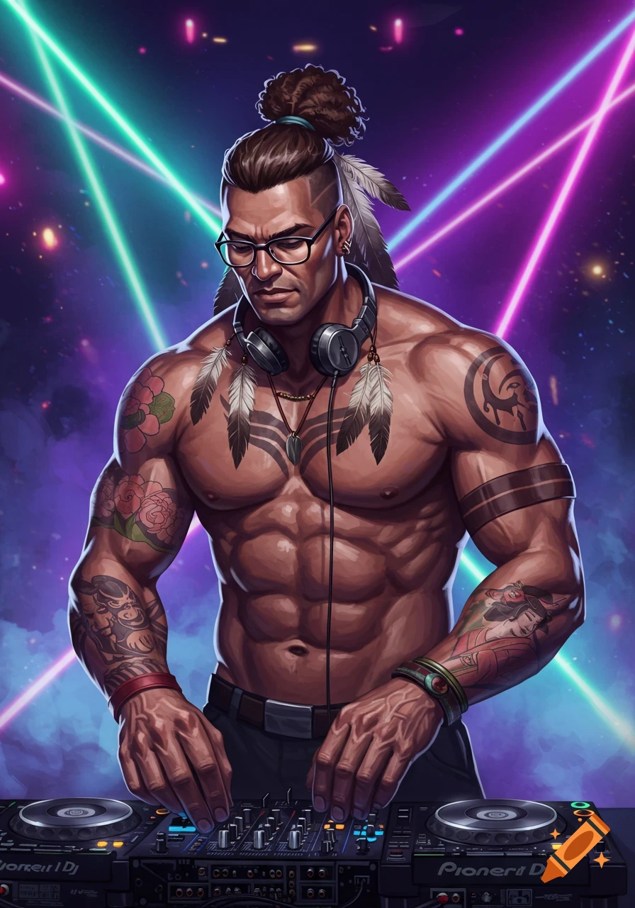 A muscular, tattooed man with glasses and a man bun DJs at a club with bright laser lights. Digital art style.