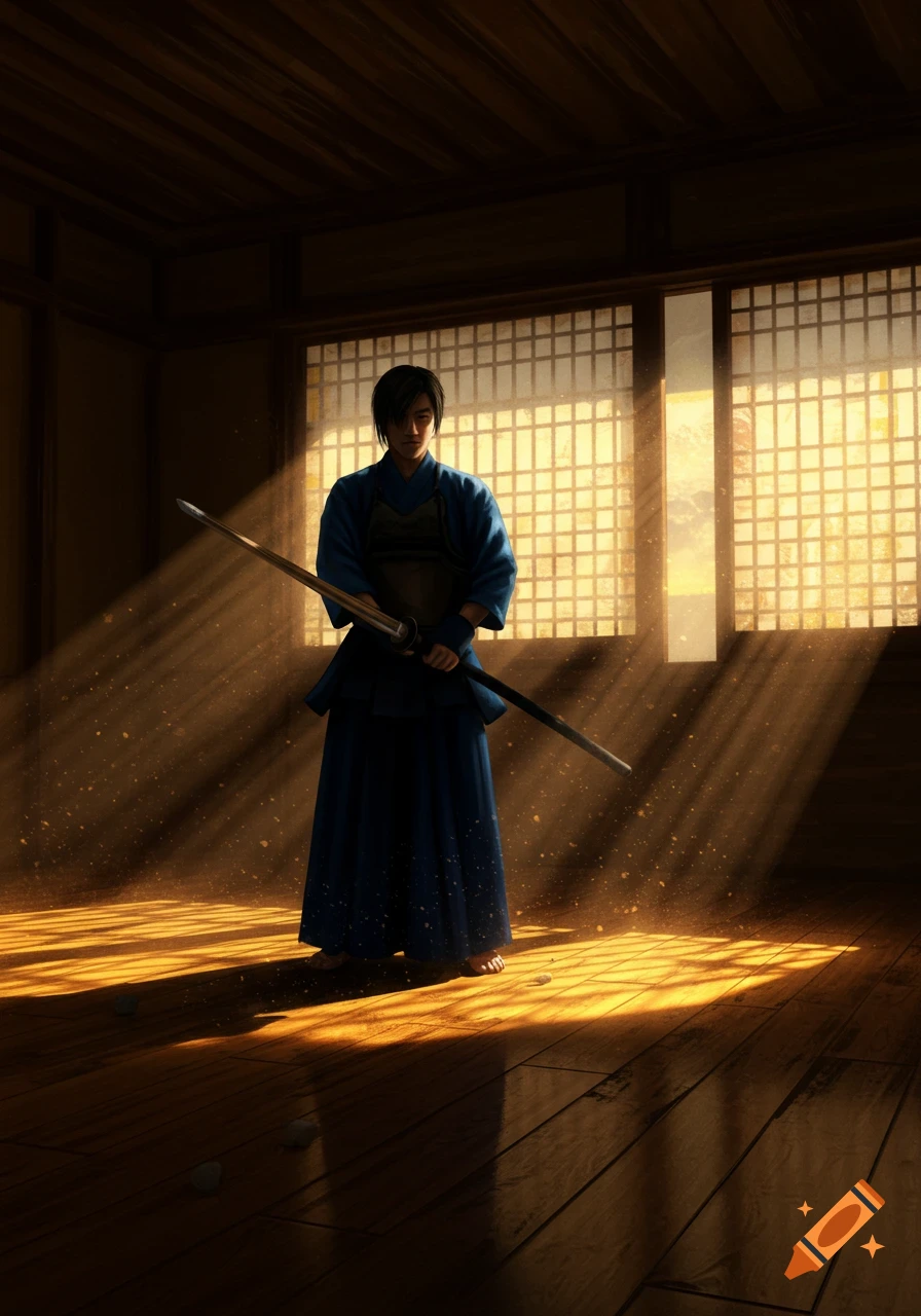 A person in a blue kendo outfit holds a sword in a sunlit traditional Japanese room.