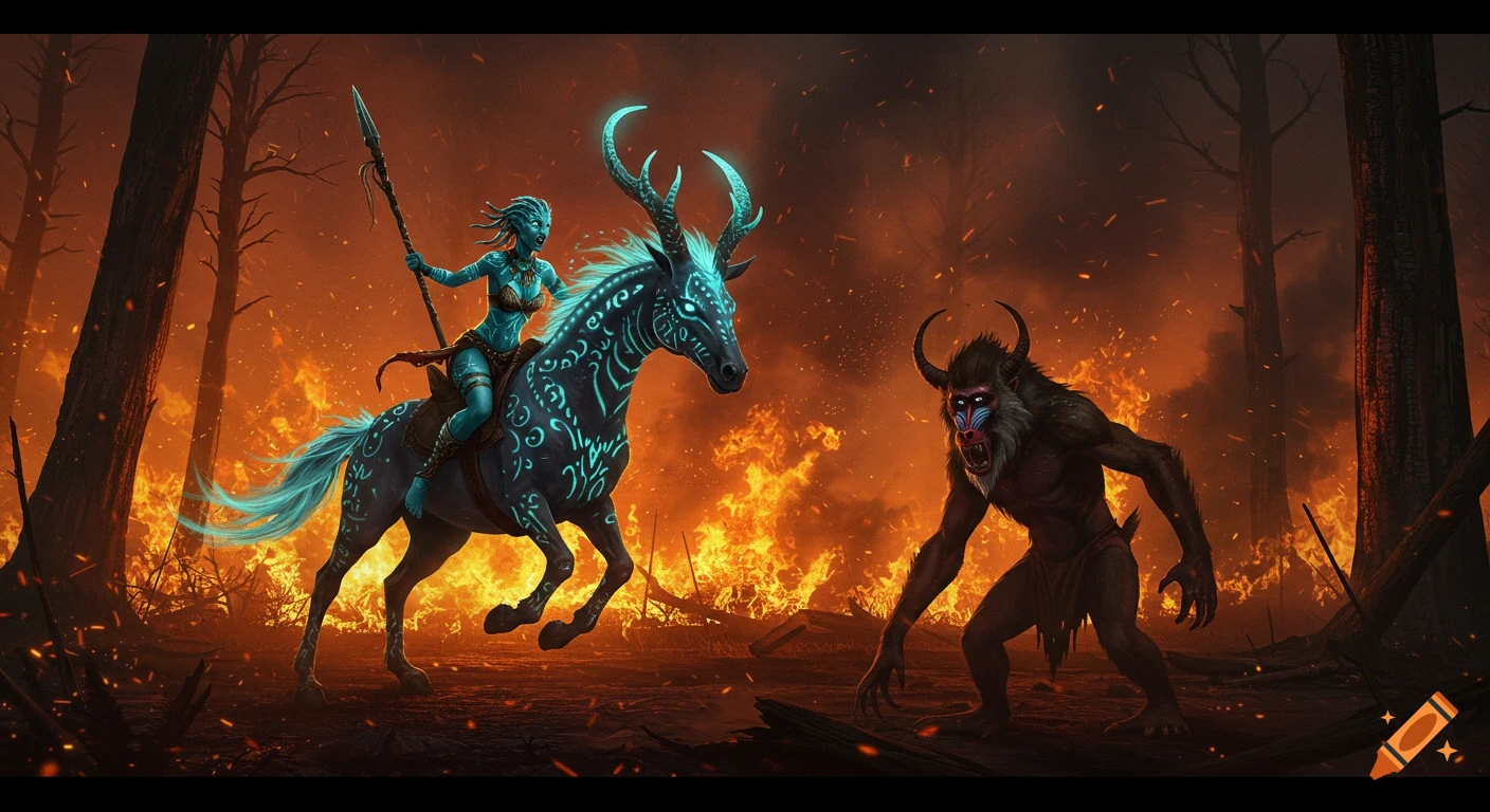 A blue tribal warrior on a glowing horned horse faces a large mandrill demon in a burning forest.