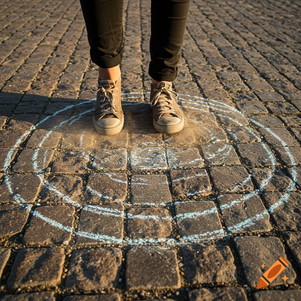 Person's feet in sneakers stand on a cobblestone path, encircled by a chalk drawing.