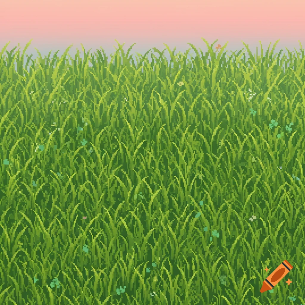 Pixel art depiction of green grass under a light pink sky, suitable for a game background.