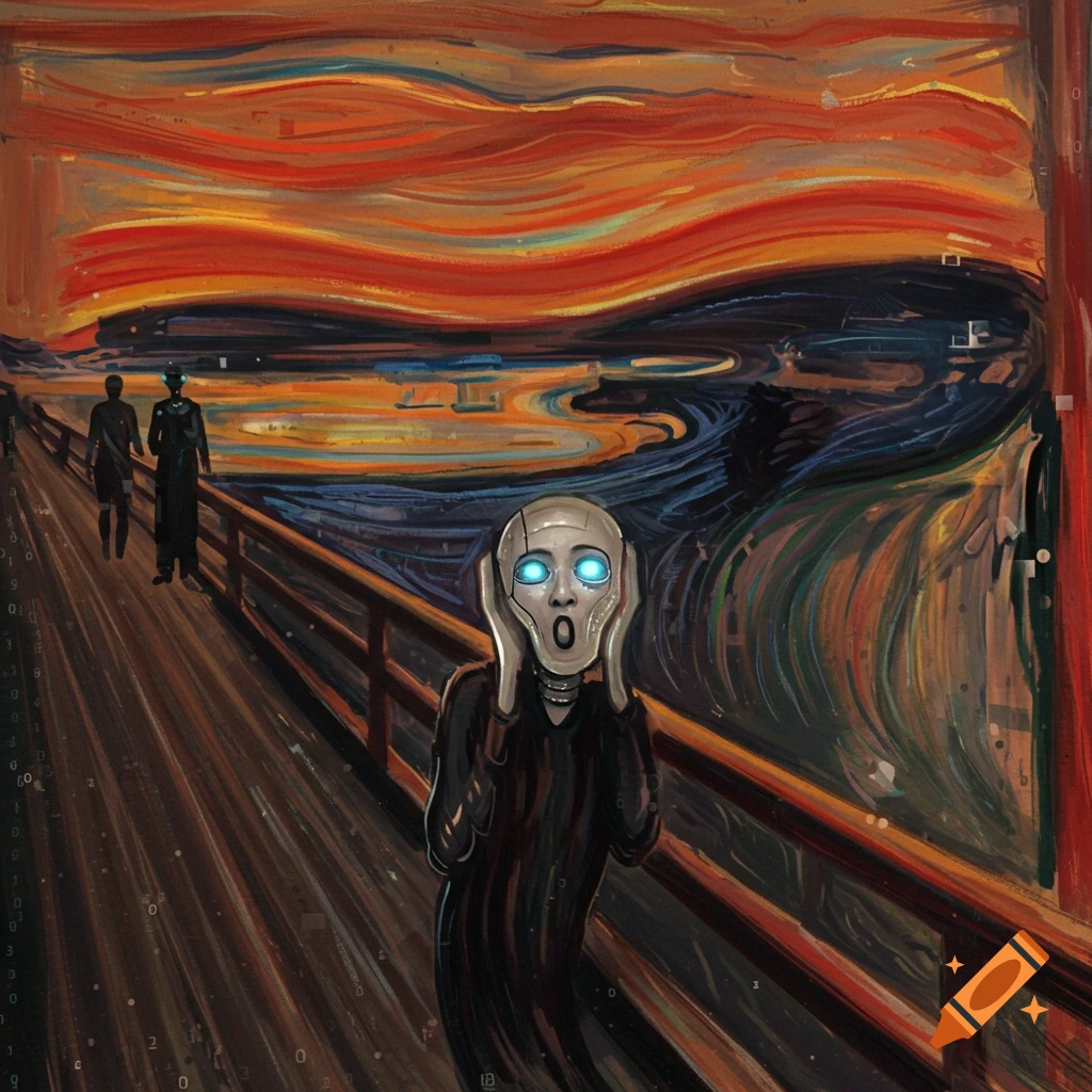 An AI robot with glowing blue eyes screams on a bridge in the style of Edvard Munch's The Scream, with two figures in the background.
