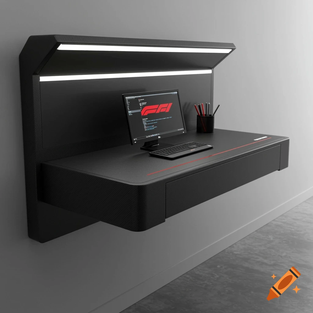A modern, black wall-mounted desk with an F1 theme, featuring a monitor displaying the F1 logo and code-like text, a keyboard, and a pencil holder. Two bright LED light strips illuminate the workspace from above the desk.