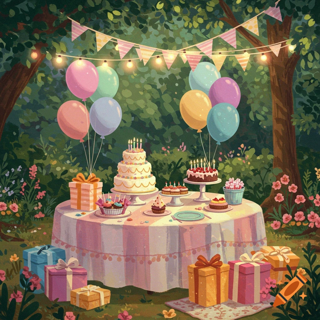 A vibrant outdoor birthday party setup in a lush forest, featuring cakes, balloons, presents, and string lights.