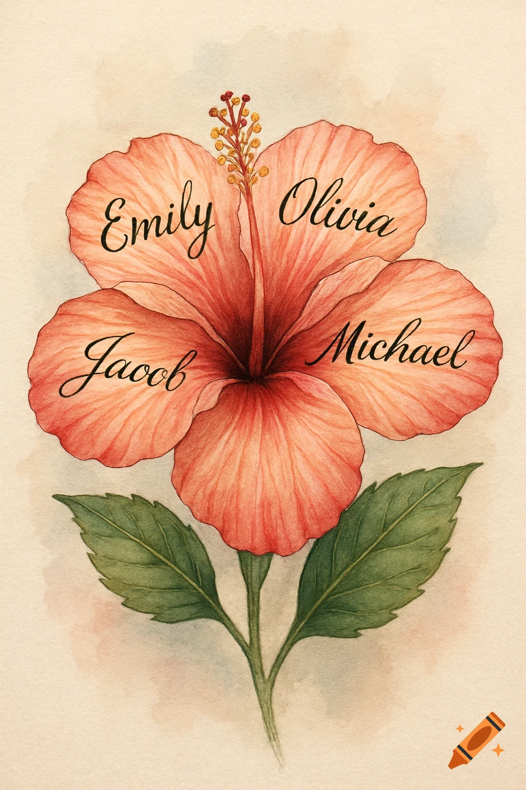 A vibrant watercolor illustration of a red hibiscus flower with four names, Emily, Olivia, Javob, and Michael, written on its petals.
