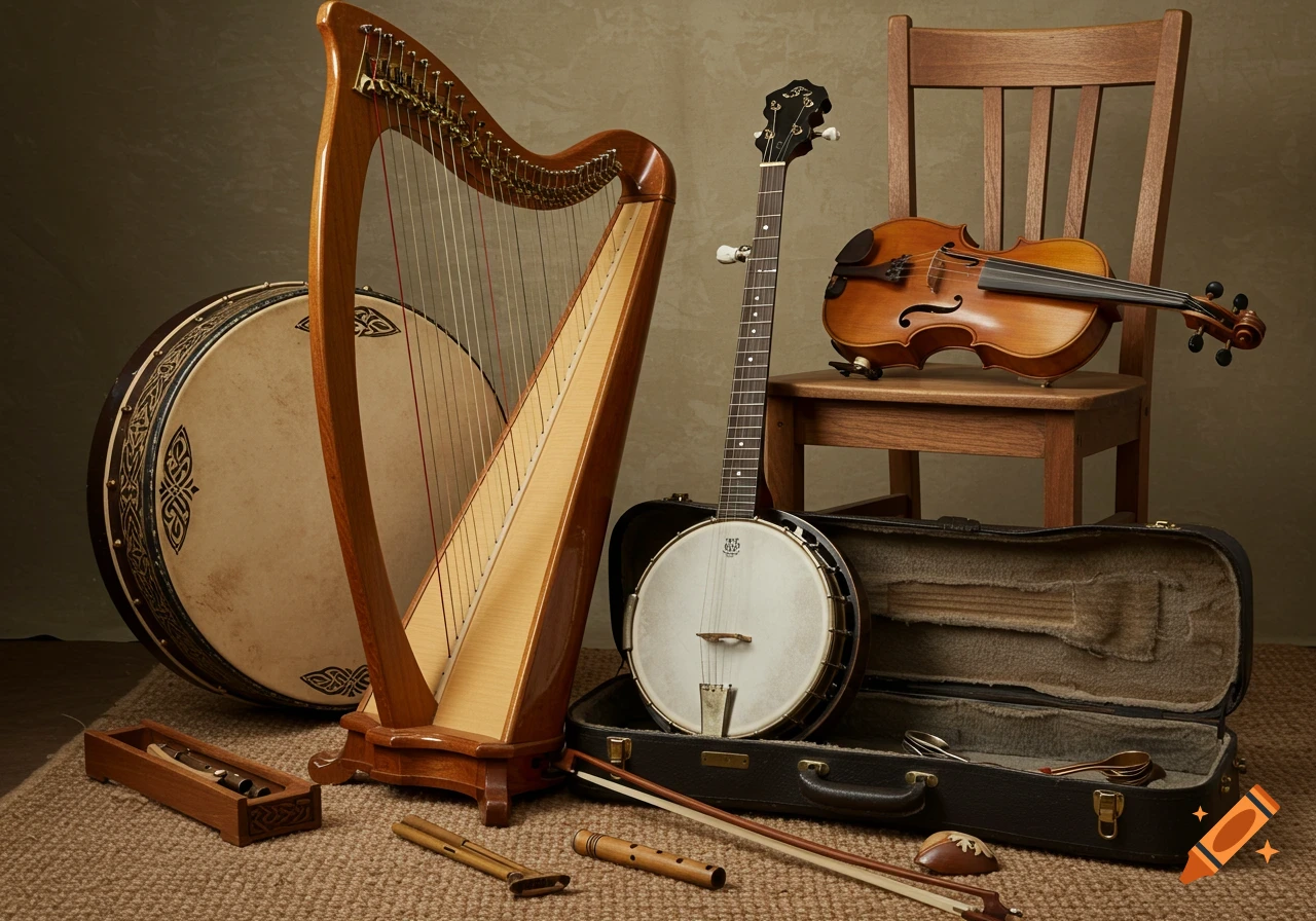 A still life photo featuring an Irish harp, bodhr , banjo, violin, tin whistles, and spoons, arranged on a woven mat.