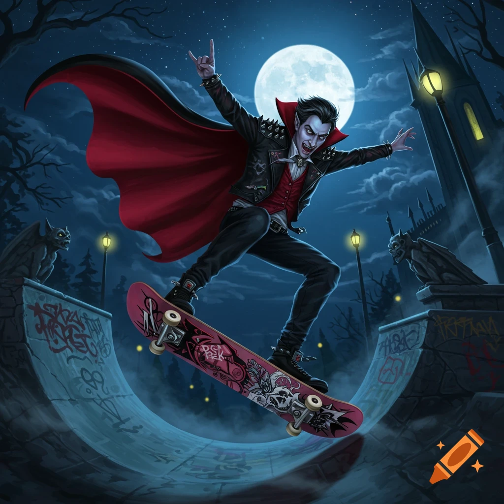 A cartoon vampire in a cape and studded jacket skateboards at night under a full moon, with gothic architecture and gargoyles in the background.