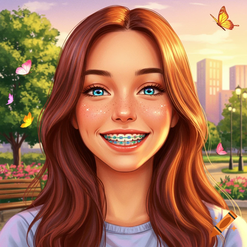 A stylized portrait of a smiling girl with long brown hair, blue eyes, freckles, and colorful braces, in a park setting.