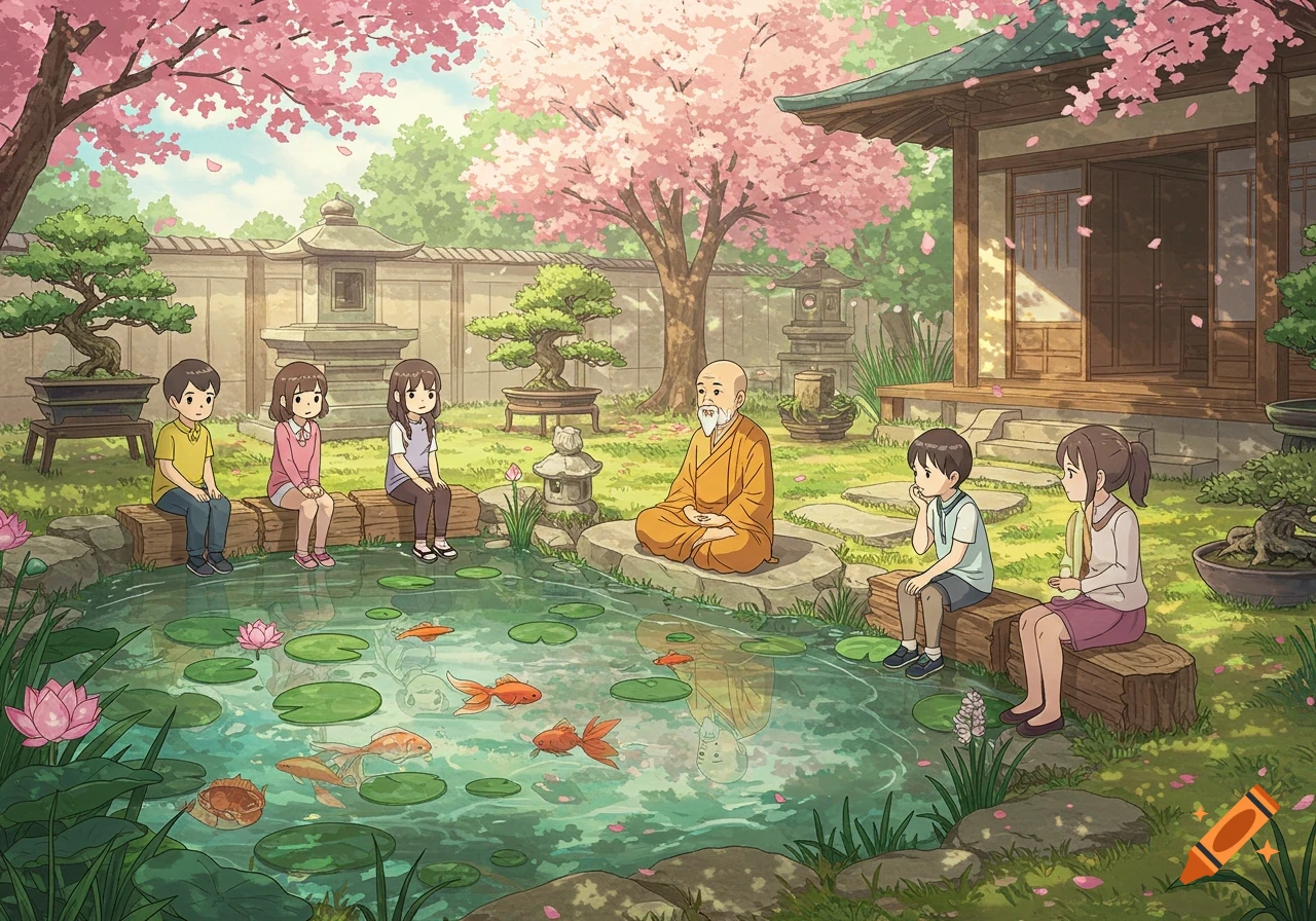 A soft pastel animated scene of an old guru and several children sitting around a goldfish pond in a Japanese temple garden under cherry blossom trees.