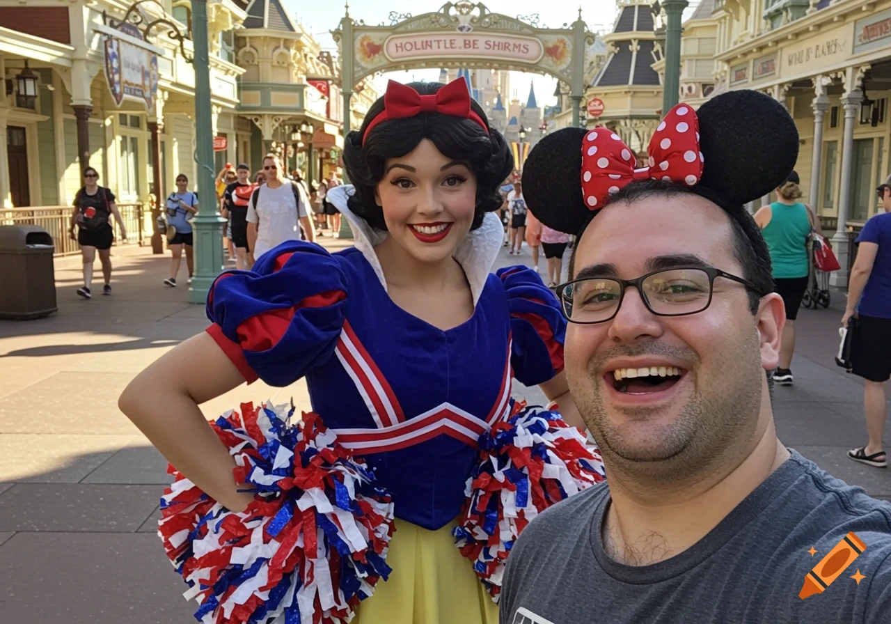 A man wearing Minnie Mouse ears smiles for a selfie with a woman dressed as Snow White in a cheerleader outfit at Walt Disney World.
