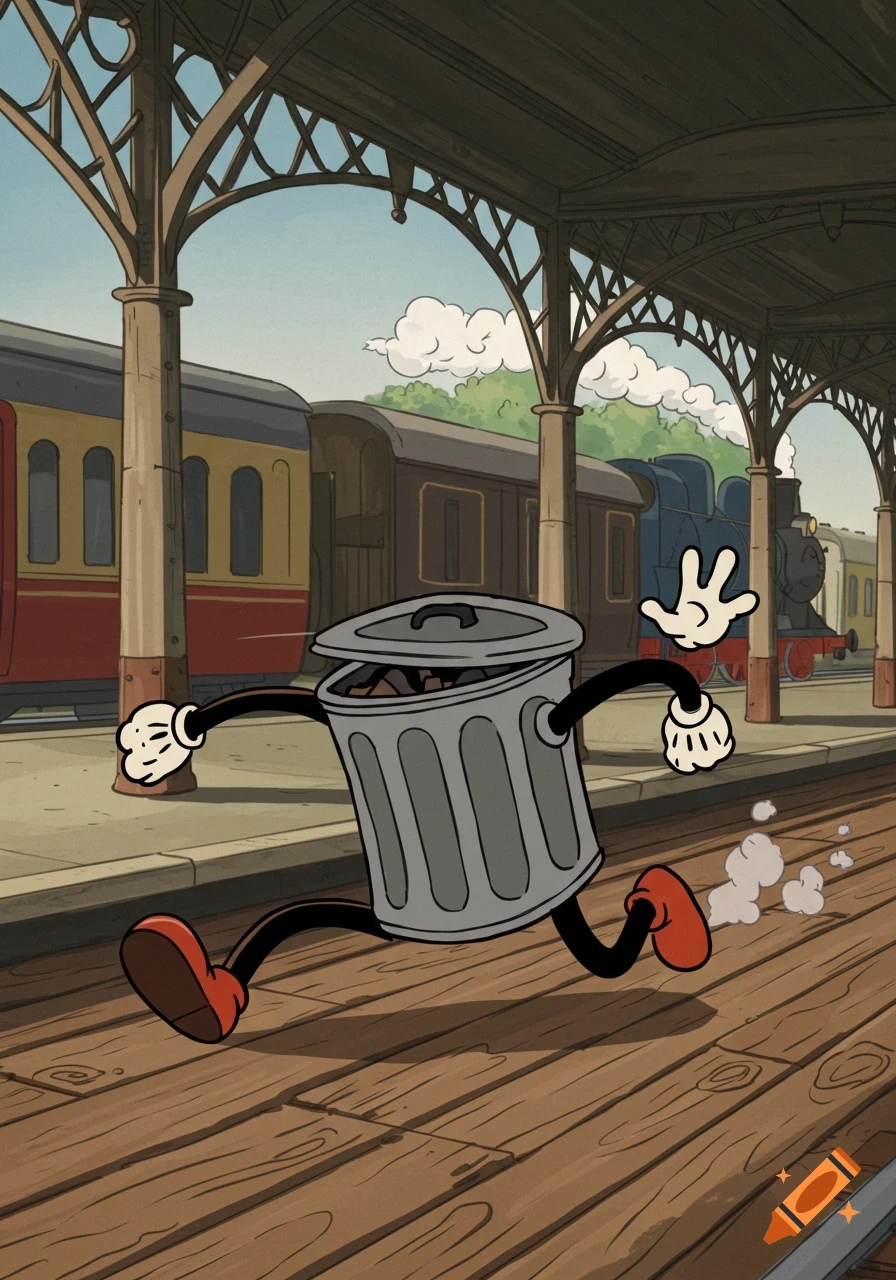 A rubberhose cartoon of a gray garbage can with arms and legs, running across a wooden train station platform with trains in the background.