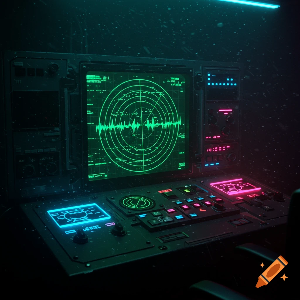 A dark retro-futuristic control panel with a glowing green radar screen displaying a waveform and neon lit buttons.