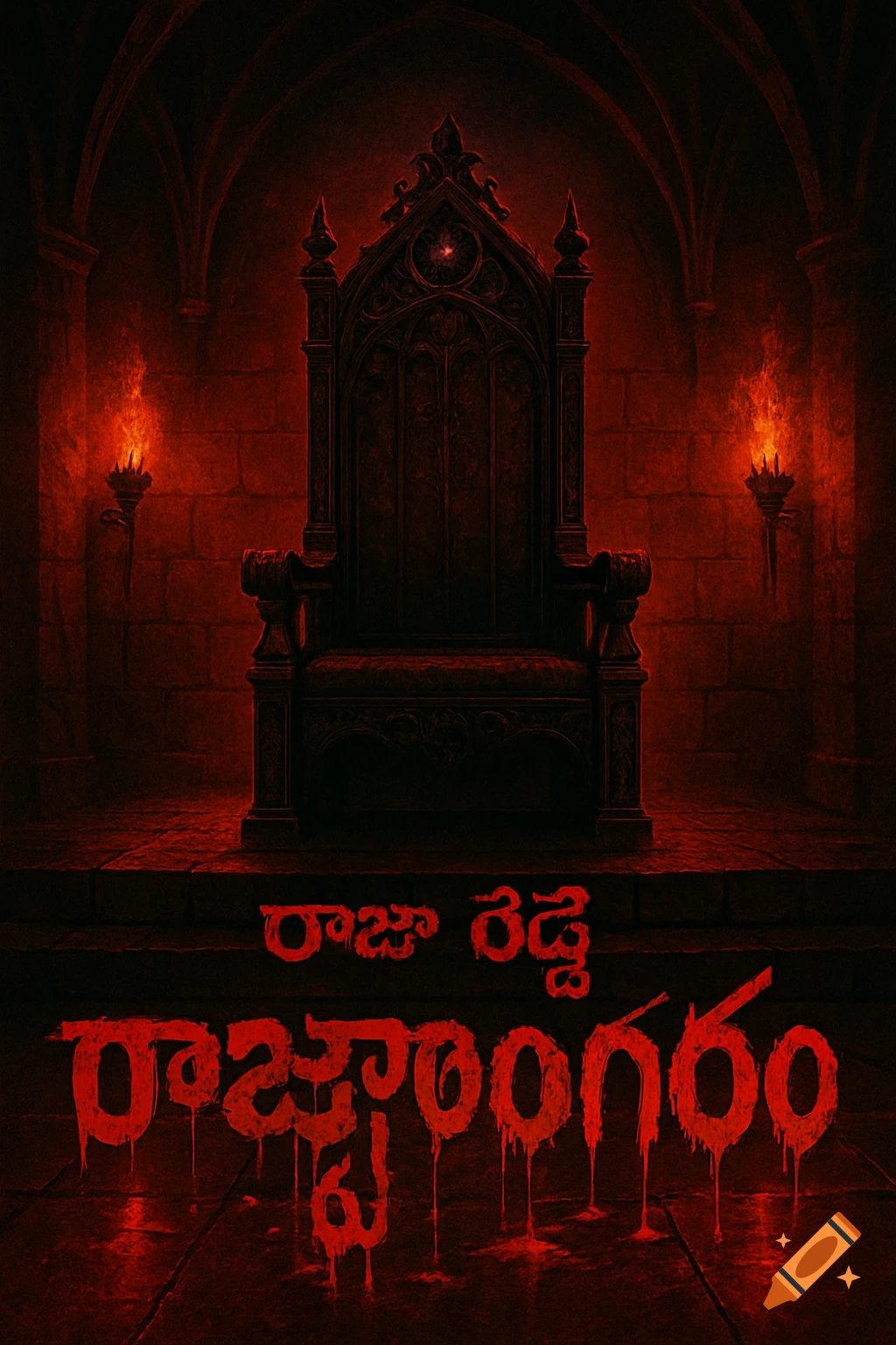 A dark, red-lit gothic throne room with a large, ornate throne, two flaming wall torches, and red, dripping Telugu text on the stone floor.