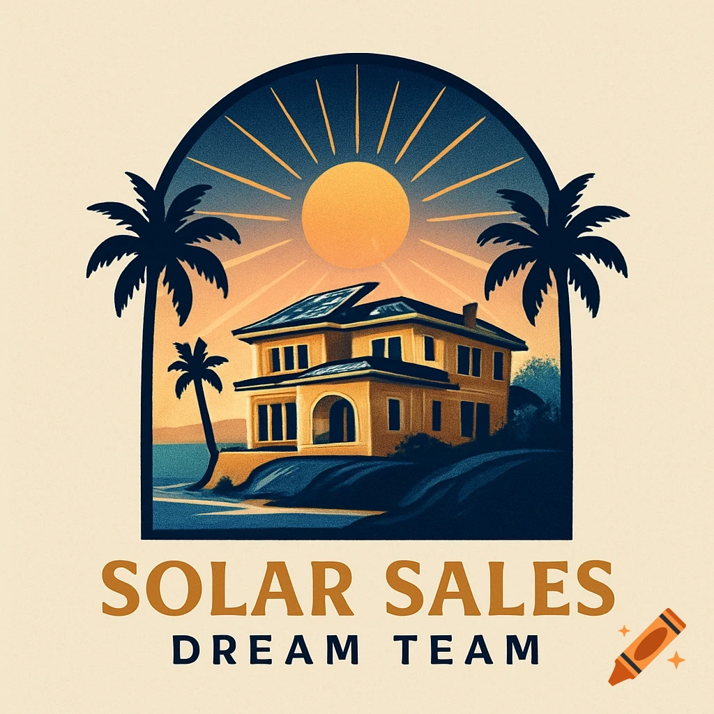 Stylized logo with a house, solar panels, palm trees, sun, and text 'SOLAR SALES DREAM TEAM' in an arched frame.