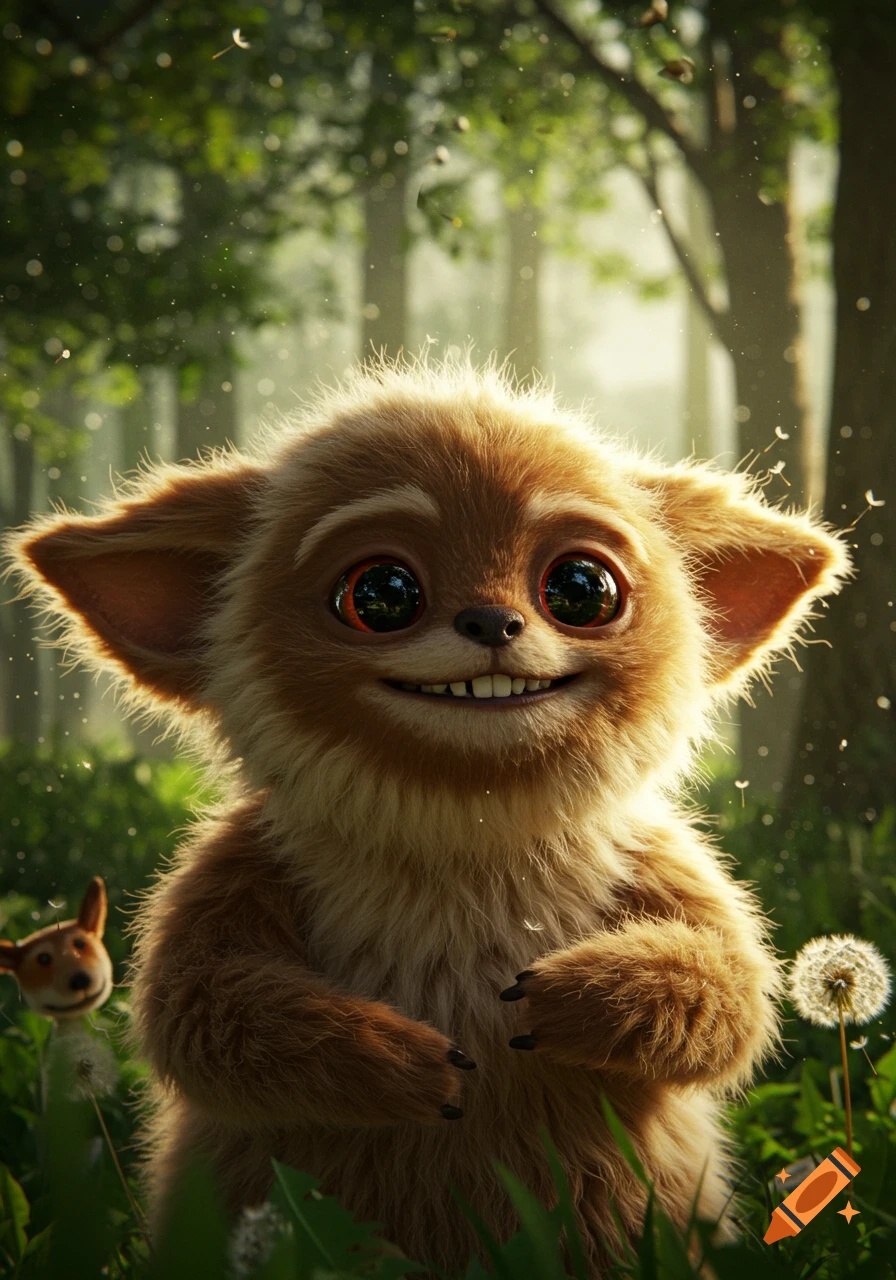 A cute, photorealistic brown furry creature with large eyes smiles in a sunlit green forest.