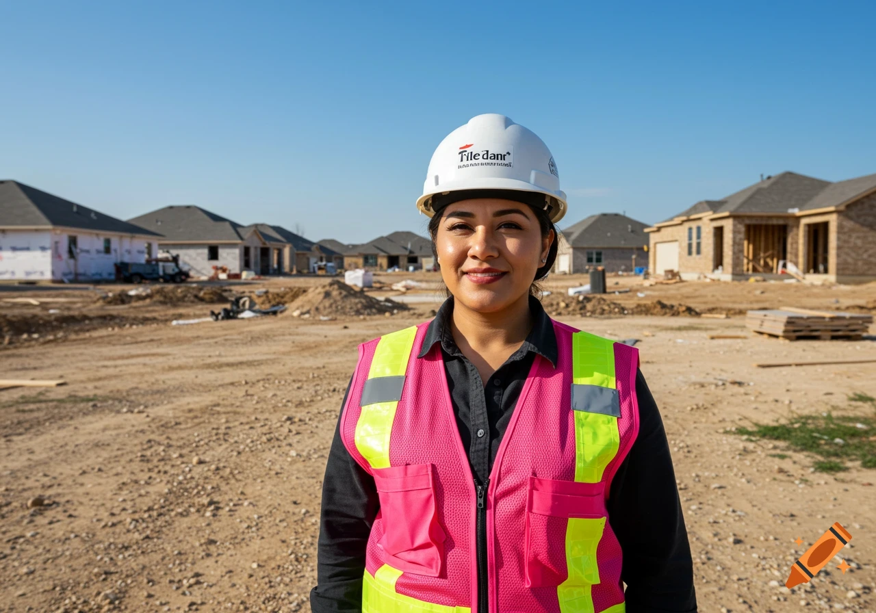 A confident Latina woman in a pink high-visibility vest and white hard hat smiles at a residential construction site.
