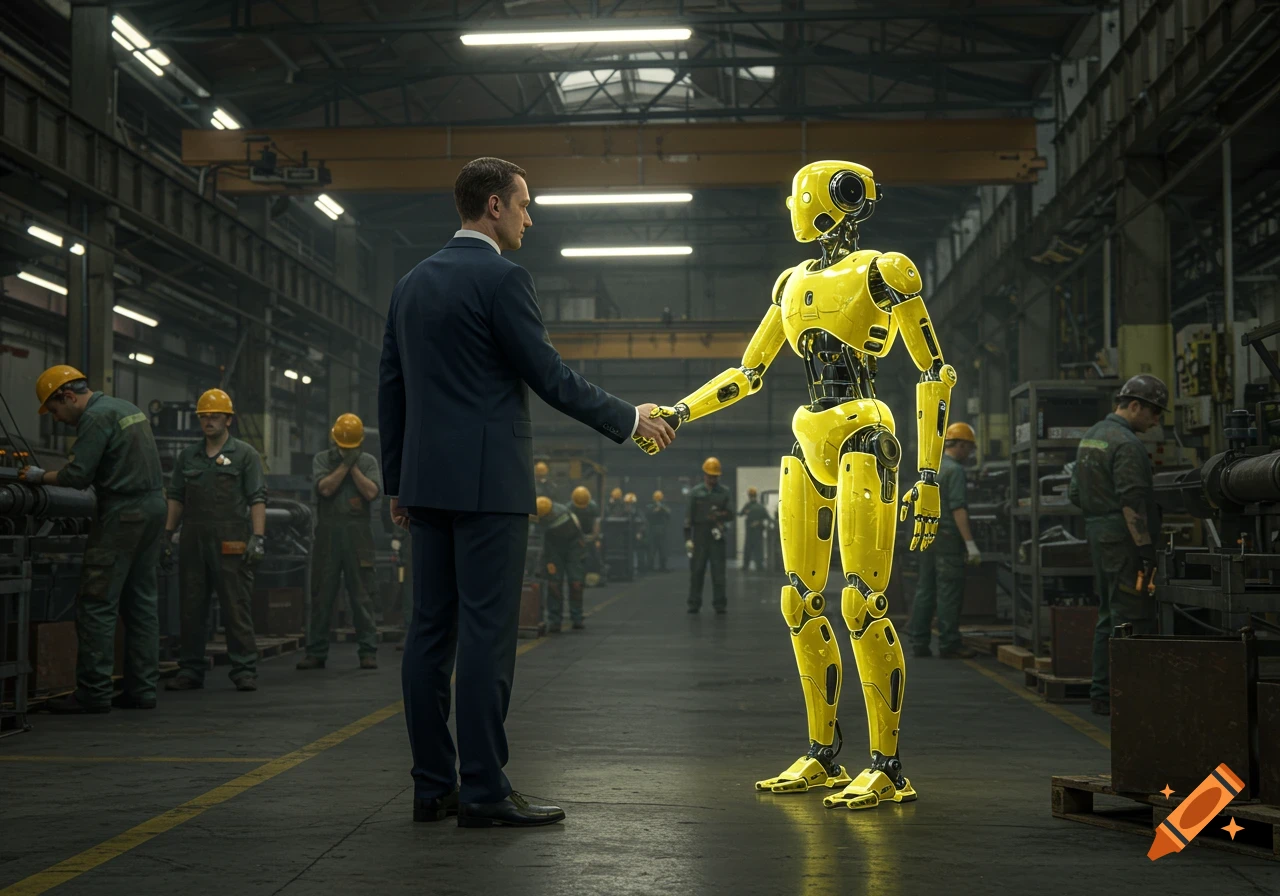 A businessman shakes hands with a yellow robot in a dimly lit factory, surrounded by workers.