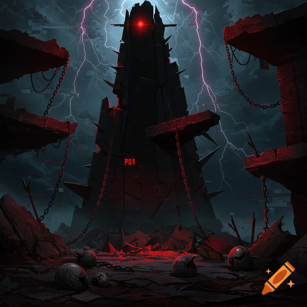A dark, spiky, ominous tower with a glowing red eye and 'P01' text, surrounded by lightning, broken chains, and debris in a gritty, dark fantasy style.