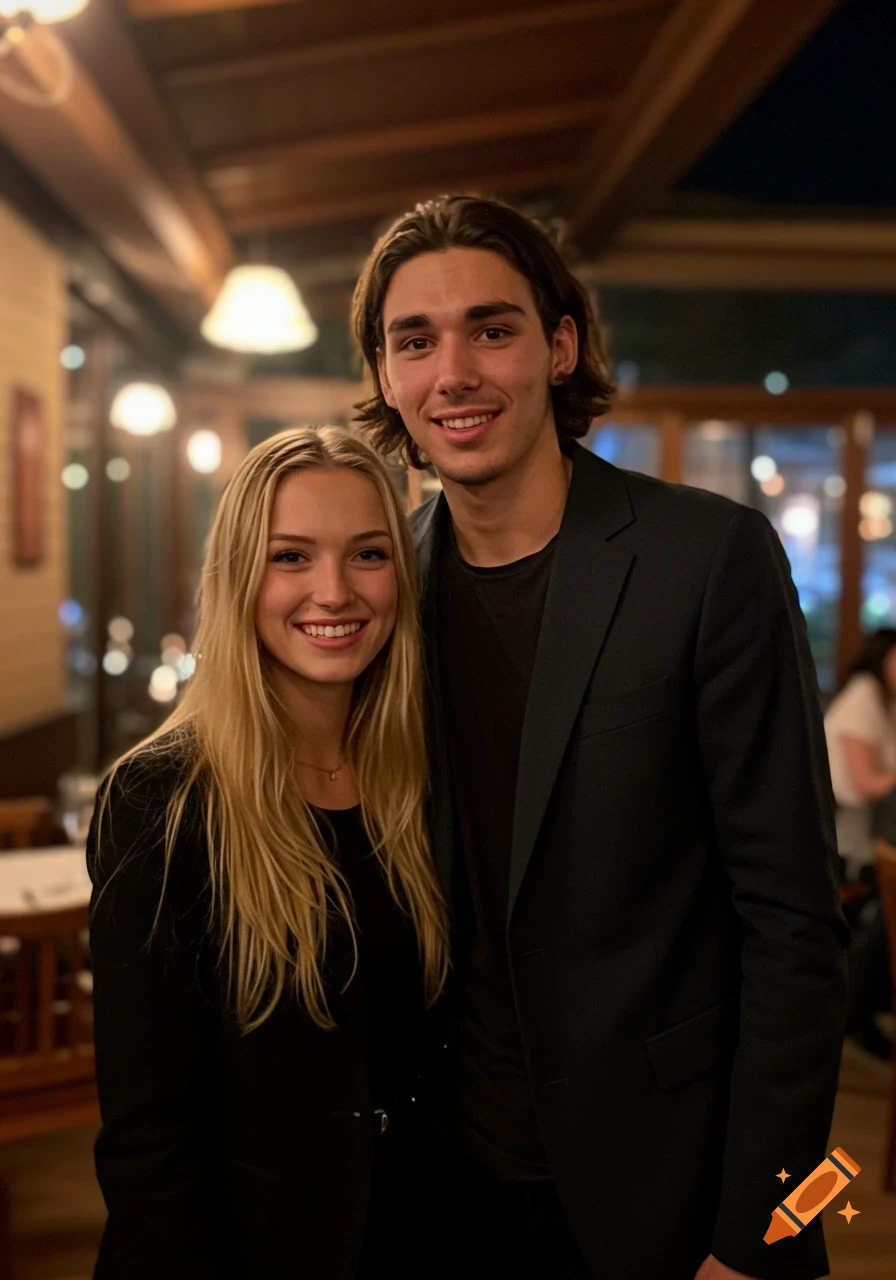 A smiling blonde woman and a dark-haired man pose together in a dimly lit restaurant.